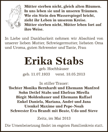 Traueranzeige von Erika Stabs von Super Sonntag Zeitz
