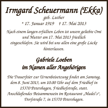 Traueranzeige von Irmgard Scheuermann von Super Sonntag Zeitz