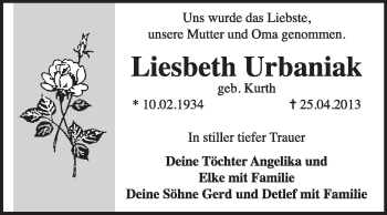 Traueranzeige von Liesbeth Urbaniak von Super Sonntag Dessau / Köthen