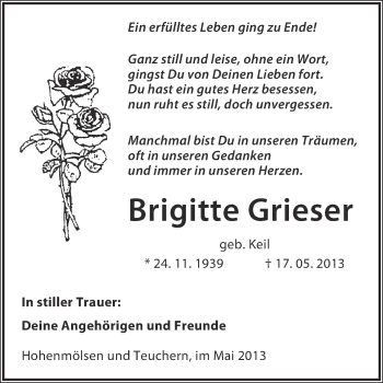 Traueranzeige von Brigitte Grieser von WVG - Wochenspiegel NMB / WSF / ZTZ