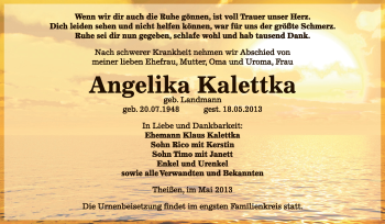 Traueranzeige von Angelika Kalettka von Super Sonntag Zeitz