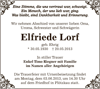 Traueranzeige von Elfriede Lorf von Super Sonntag Bernburg