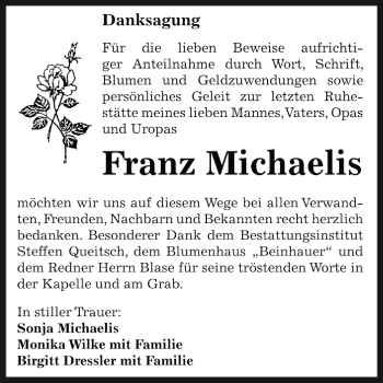 Traueranzeige von Franz Michaelis von WVG - Wochenspiegel Dessau / Köthen