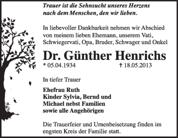 Traueranzeige von Günther Henrichs von Super Sonntag Dessau / Köthen
