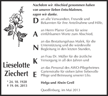 Traueranzeige von Lieselotte Ziechert von Super Sonntag Quedlinburg
