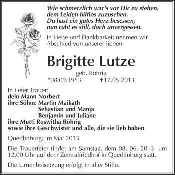 Traueranzeige von Brigitte Lutze von WVG - Wochenspiegel Quedlinburg