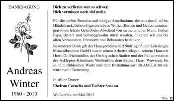 Traueranzeige von Andreas Winter von WVG - Wochenspiegel NMB / WSF / ZTZ
