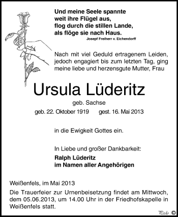 Traueranzeige von Ursula Lüderitz von WVG - Wochenspiegel NMB / WSF / ZTZ