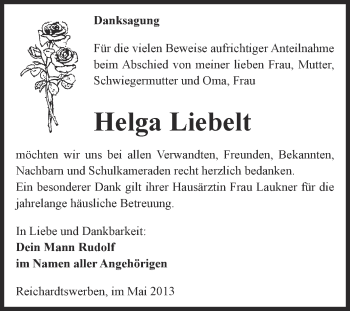 Traueranzeige von Helga Liebelt von WVG - Wochenspiegel NMB / WSF / ZTZ