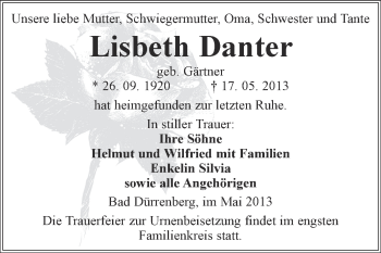 Traueranzeige von Lisbeth Danter von Super Sonntag Merseburg