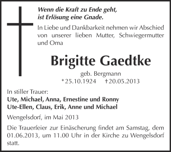 Traueranzeige von Brigitte Gaedtke von Super Sonntag Merseburg
