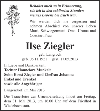 Traueranzeige von Ilse Ziegler von Super Sonntag Merseburg