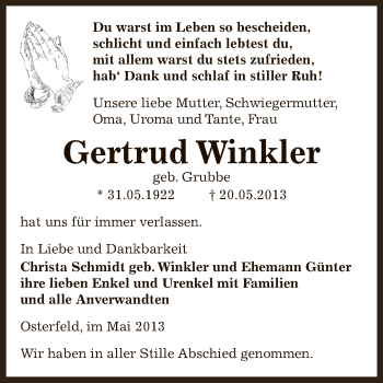 Traueranzeige von Gertrud Winkler von Super Sonntag Zeitz