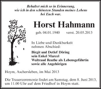 Traueranzeige von Horst Hahmann von WVG - Wochenspiegel Aschersleben