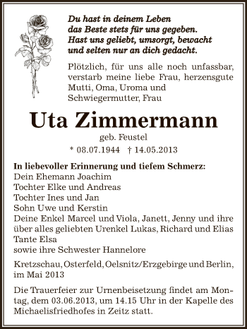 Traueranzeige von Uta Zimmermann von Super Sonntag Zeitz
