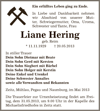 Traueranzeige von Liane Hering von Super Sonntag Zeitz