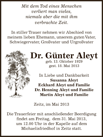 Traueranzeige von Günter Aleyt von Super Sonntag Zeitz