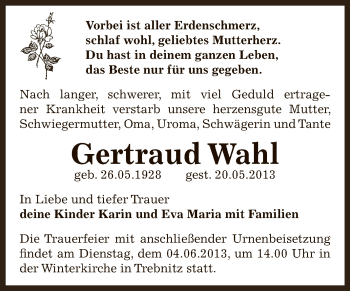 Traueranzeige von Gertraud Wahl von Super Sonntag Bernburg
