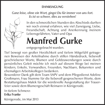 Traueranzeige von Manfred Gurke von WVG - Wochenspiegel Quedlinburg