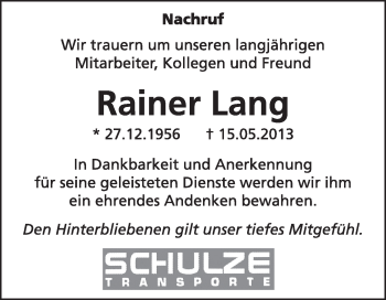 Traueranzeige von Rainer Lang von Super Sonntag Wittenberg