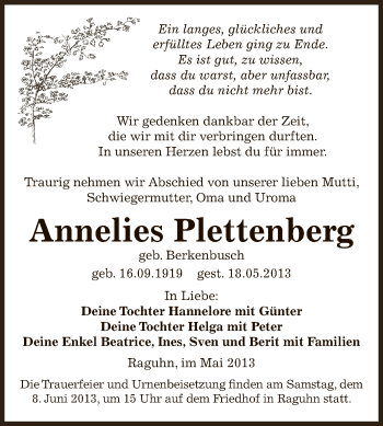Traueranzeige von Annelies Plettenberg von WVG - Wochenspiegel Bitterfeld