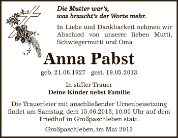 Traueranzeige von Anna Pabst von WVG - Wochenspiegel Dessau / Köthen