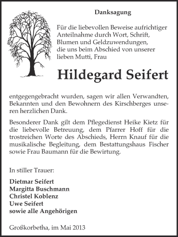 Traueranzeige von Hildegard Seifert von WVG - Wochenspiegel NMB / WSF / ZTZ