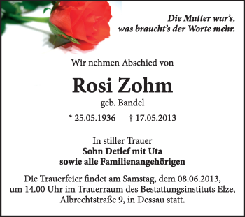 Traueranzeige von Rosi Zohm von Super Sonntag Dessau / Köthen