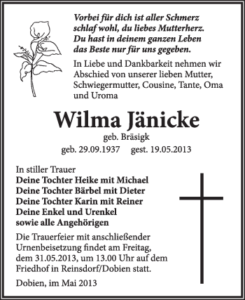 Traueranzeige von Wilma Jänicke von Super Sonntag Wittenberg