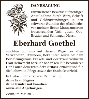 Traueranzeige von Eberhard Goethel von Super Sonntag Zeitz