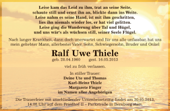 Traueranzeige von Ralf Uwe Thiele von Super Sonntag Bernburg