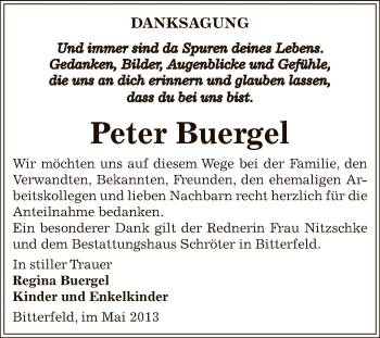 Traueranzeige von Peter Buergel von WVG - Wochenspiegel Bitterfeld
