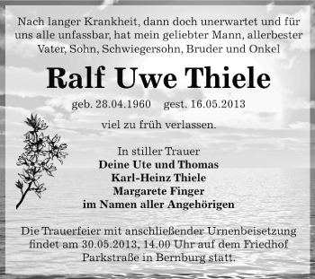 Traueranzeige von Ralf Uwe Thiele von Super Sonntag Bernburg