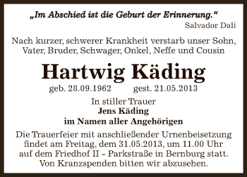 Traueranzeige von Hartwig Käding von Super Sonntag Bernburg