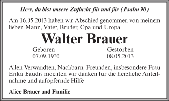 Traueranzeige von Walter Brauer von WVG - Wochenspiegel Aschersleben