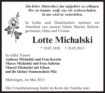 Traueranzeige von Lotte Michalski von Super Sonntag Aschersleben