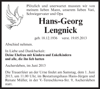 Traueranzeige von Hans-Georg Lengnick von Super Sonntag Aschersleben