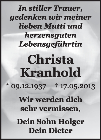 Traueranzeige von Christa Kranhold von Super Sonntag Dessau / Köthen