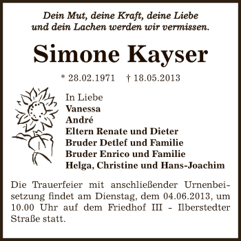Traueranzeige von Simone Kayser von Super Sonntag Bernburg
