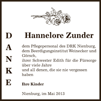 Traueranzeige von Hannelore Zunder von Super Sonntag Bernburg