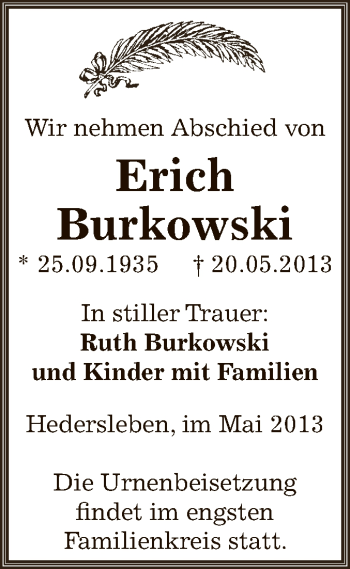 Traueranzeige von Erich Burkowski von Super Sonntag SGH Mansf. Land