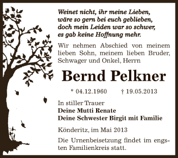 Traueranzeige von Bernd Pelkner von Super Sonntag Zeitz