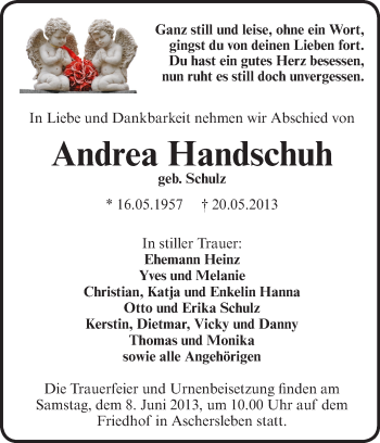 Traueranzeige von Andrea Handschuh von Super Sonntag Aschersleben