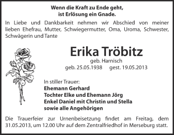 Traueranzeige von Erika Tröbitz von Super Sonntag Merseburg