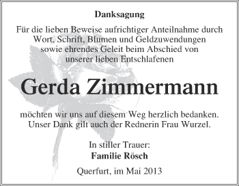 Traueranzeige von Gerda Zimmermann von WVG - Wochenspiegel Merseburg