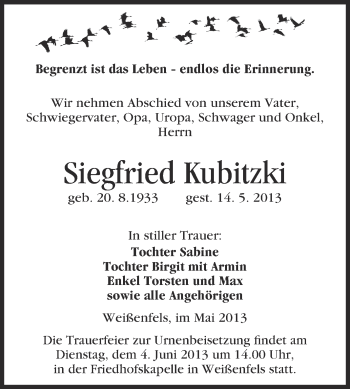 Traueranzeige von Siegfried Kubitzki von Super Sonntag Merseburg