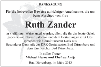 Traueranzeige von Ruth Zander von Super Sonntag Merseburg