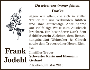 Traueranzeige von Frank Jodehl von Super Sonntag Bernburg