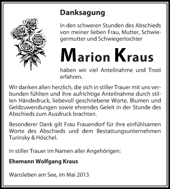 Traueranzeige von Marion Kraus von WVG - Wochenspiegel Halle