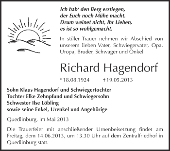 Traueranzeige von Richard Hagendorf von WVG - Wochenspiegel Quedlinburg